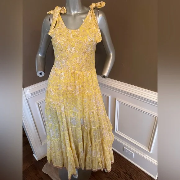 FREE PEOPLE Floral Yellow Maxi Tiered Sundress Sz Small - Picture 2 of 6